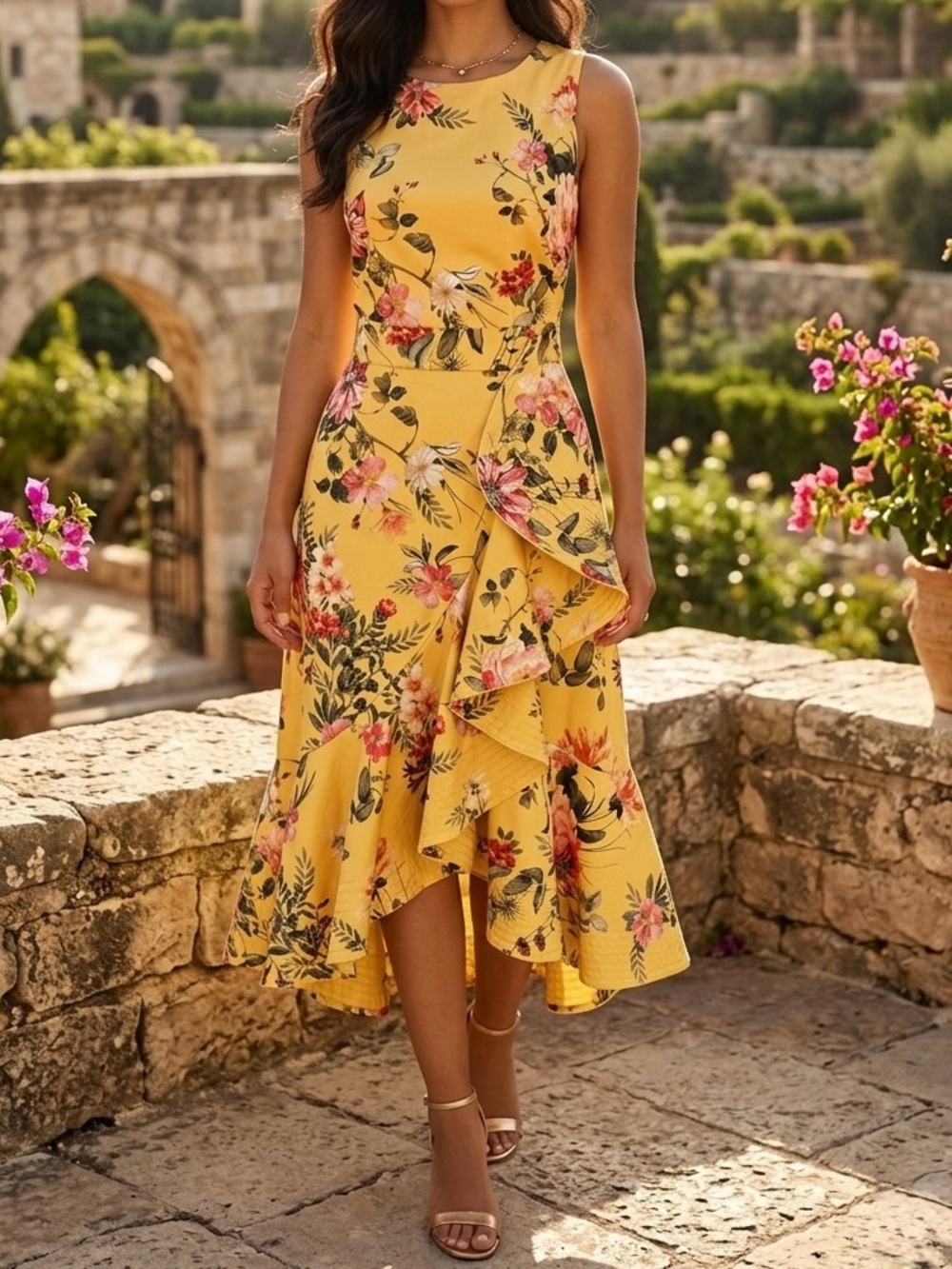 ANTONIO MELANI Yellow Floral Ruffle Midi Dress